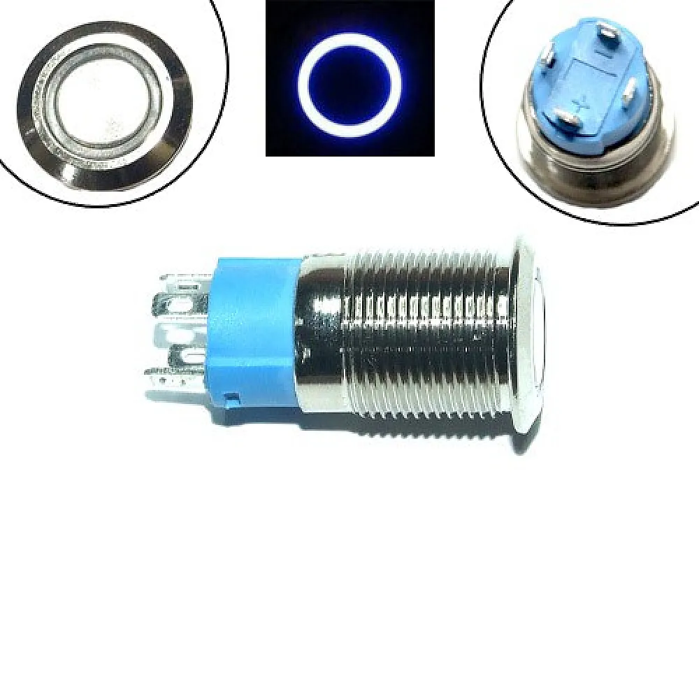 Кнопка 12мм фиксирующаяся, 3-6В, синий LED, 4pin, 12K-P10DZ Кнопка 12мм фиксирующаяся, 3-6В, синий LED, 4pin, 12K-P10DZ