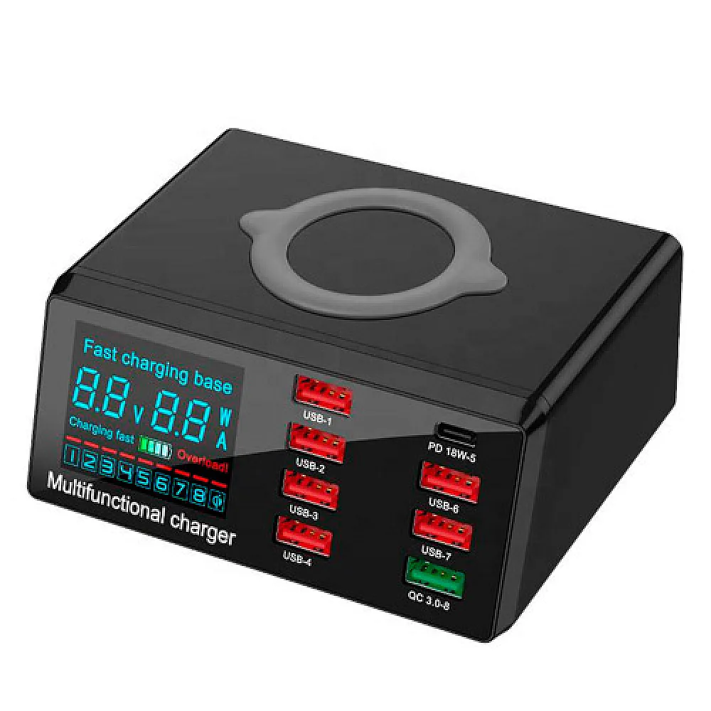 Мережева зарядна станція 8x USB і бездротова зарядка, PD QC3.0 LED, WLX-X9 Мережева зарядна станція 8x USB і бездротова зарядка, PD QC3.0 LED, WLX-X9