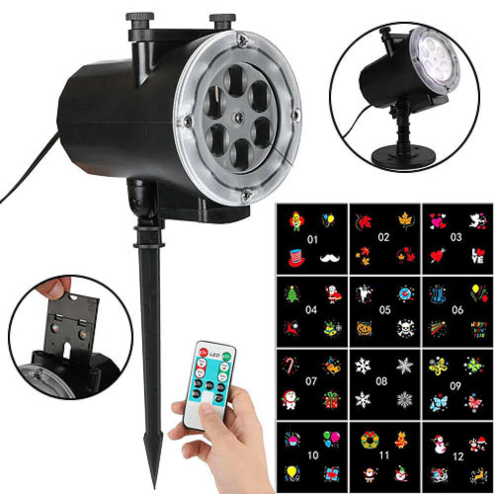 Лазерний проектор новорічний вуличний 12 слайдів RGBW, пульт ДУ, садовий