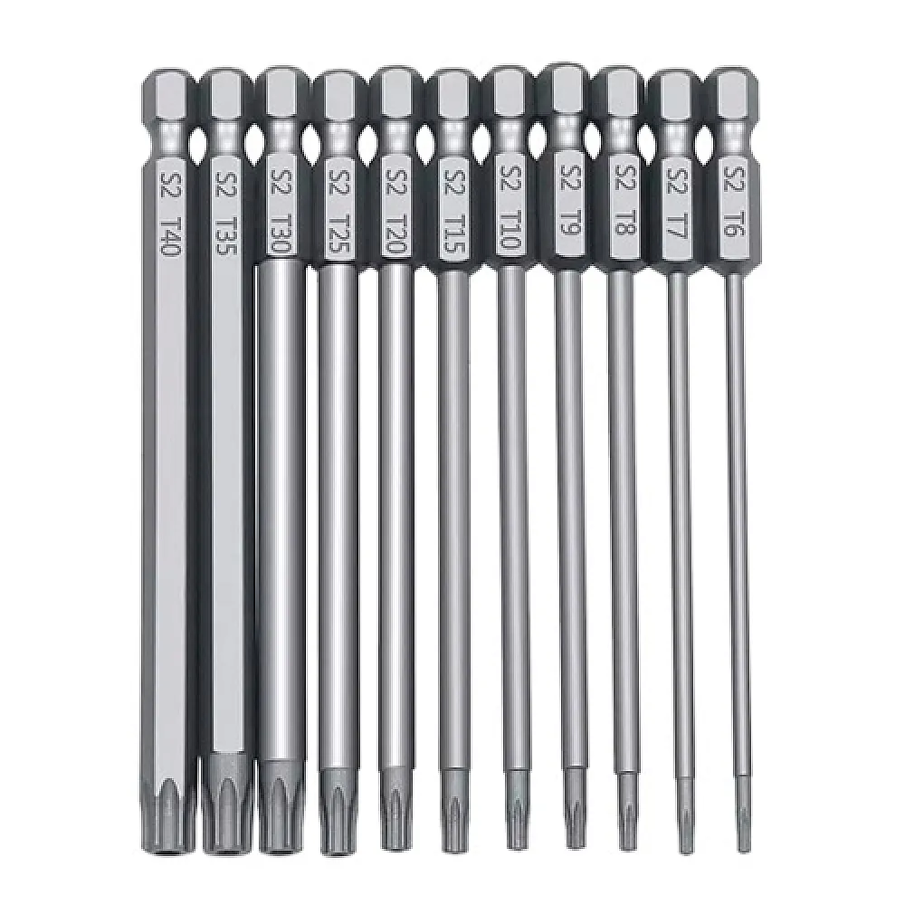 Набір насадок біт 11шт Torx 100мм Т6-Т40 з отвором, 6-гранні магнітні