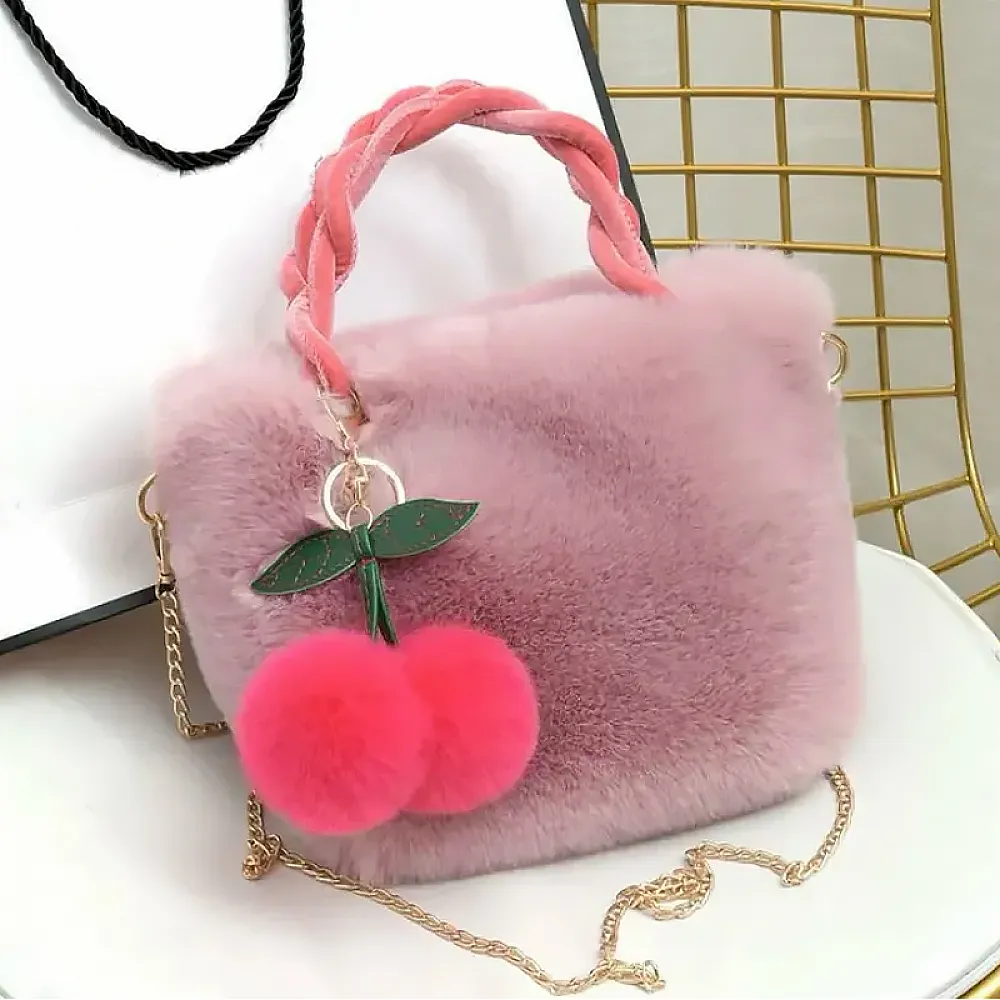 Детская сумка GZ-5043 меховая с вишней на цепочке для девочки Light Pink