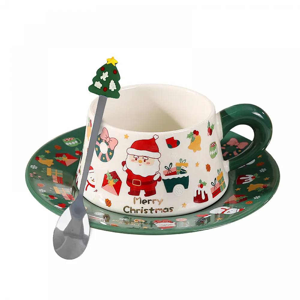 Рождественская чашка "Merry Christmass" Санта-Клаус JJX005 кружка с блюдцем с ложечкой новогодняя в подарочной упаковке Green Рождественская чашка "Merry Christmass" Санта-Клаус JJX005 кружка с блюдцем с ложечкой новогодняя в подарочной упаковке Green