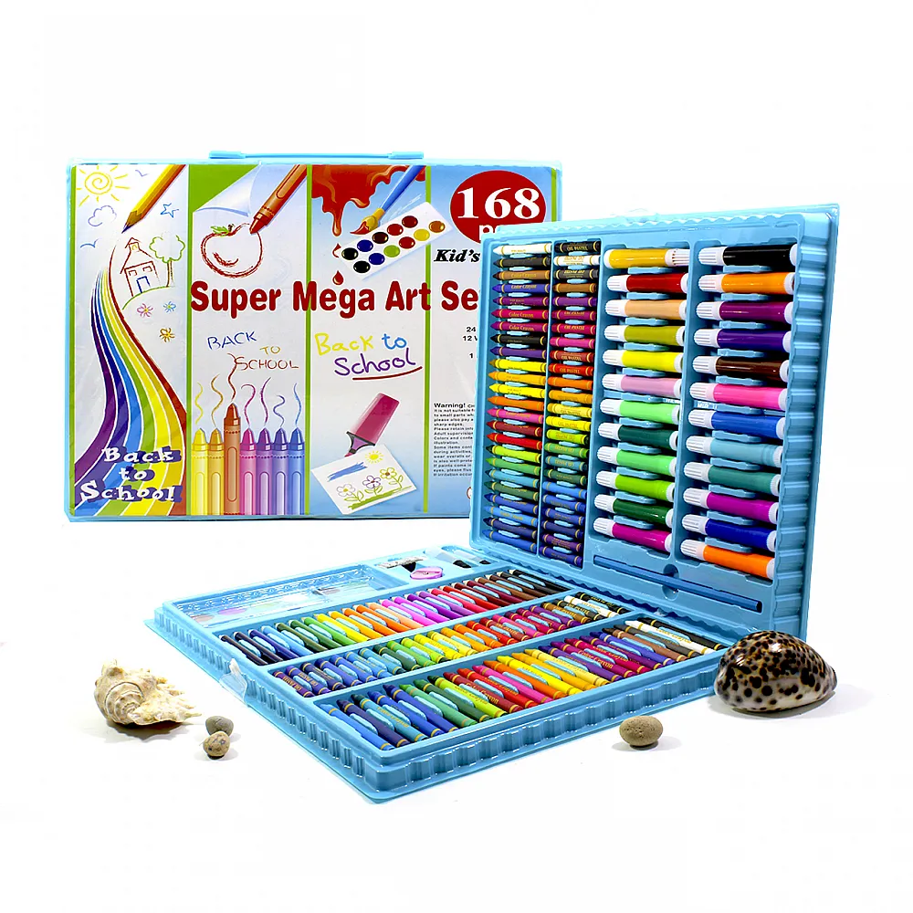 Набір для малювання Lesko Super Mega Art Set 168 об'єктів Blue Олівці Фарби Крейда Папір Футляр