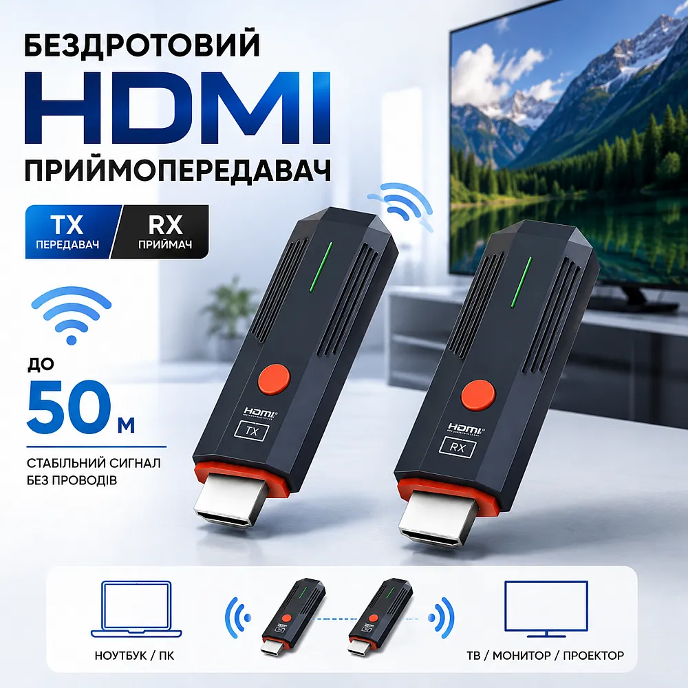 Бездротовий HDMI прийомопередавач TX RX відеосигналу до 50м для ПК ТБ