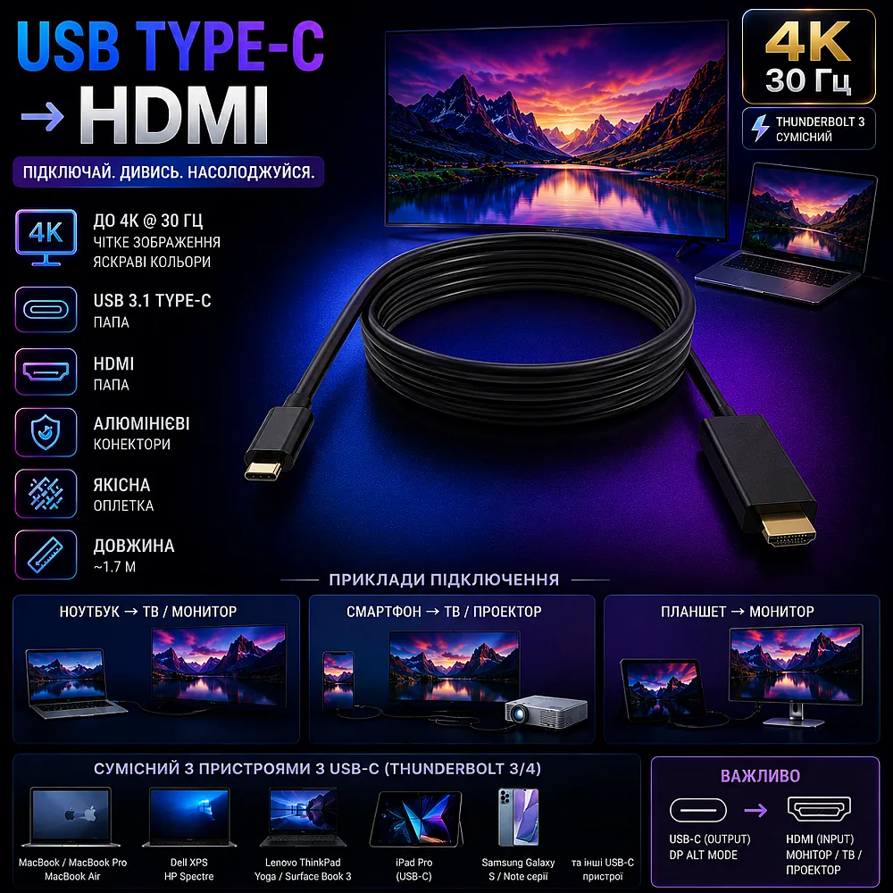 Кабель USB Type-C - HDMI 1.7м 4К 30Гц Thunderbolt 3 для Apple MacBook
