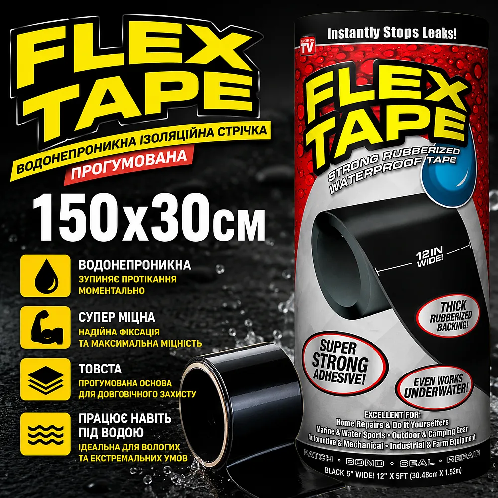 Водонепроницаемая изоляционная лента FLEX TAPE 150x30см прорезиненная Водонепроницаемая изоляционная лента FLEX TAPE 150x30см прорезиненная